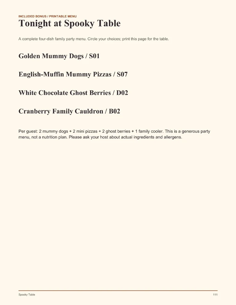 Printable Party Menu printable